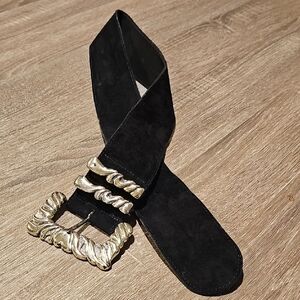 Vintage Black Leather Belt with Silver Statement Buckle – Made in USA